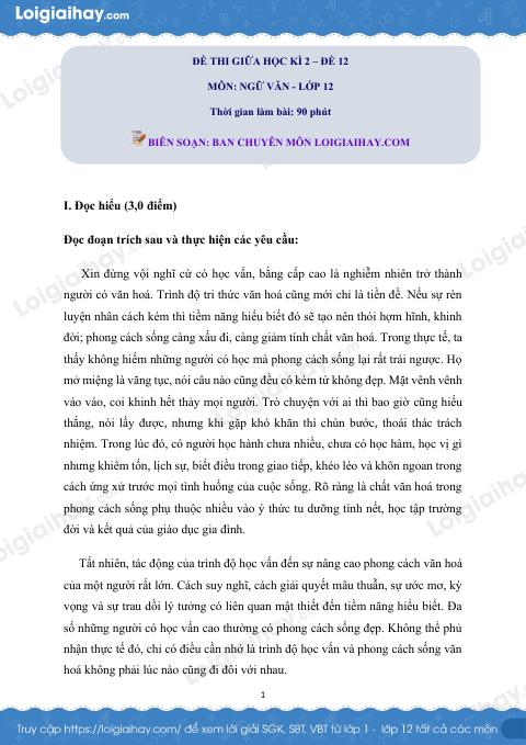 Đề kiểm tra giữa học kì 2 Ngữ văn 12 - Đề số 12 có lời giải chi tiết